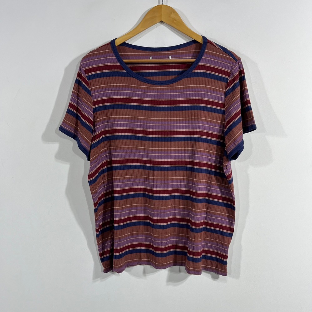 American Eagle 90s Grunge Rainbow Striped Ribbed Short Sleeve Top Boho Womens XL